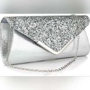 Silver Clutch With Detachable Strable Evening Bag Purse Handbag Wedding